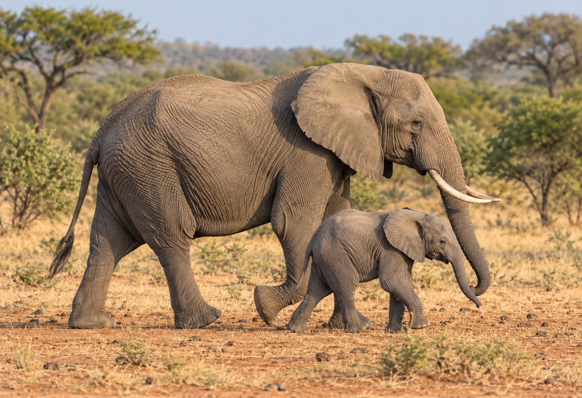 An elephant cow and her calf walking through dry grass