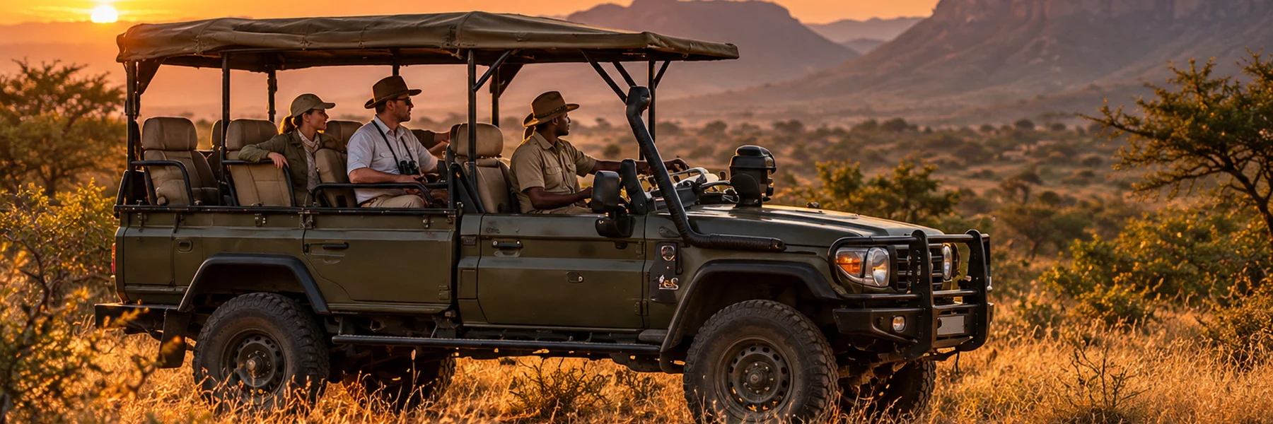 Guests and a guide on an open game drive vehicle in the bush at sunrise