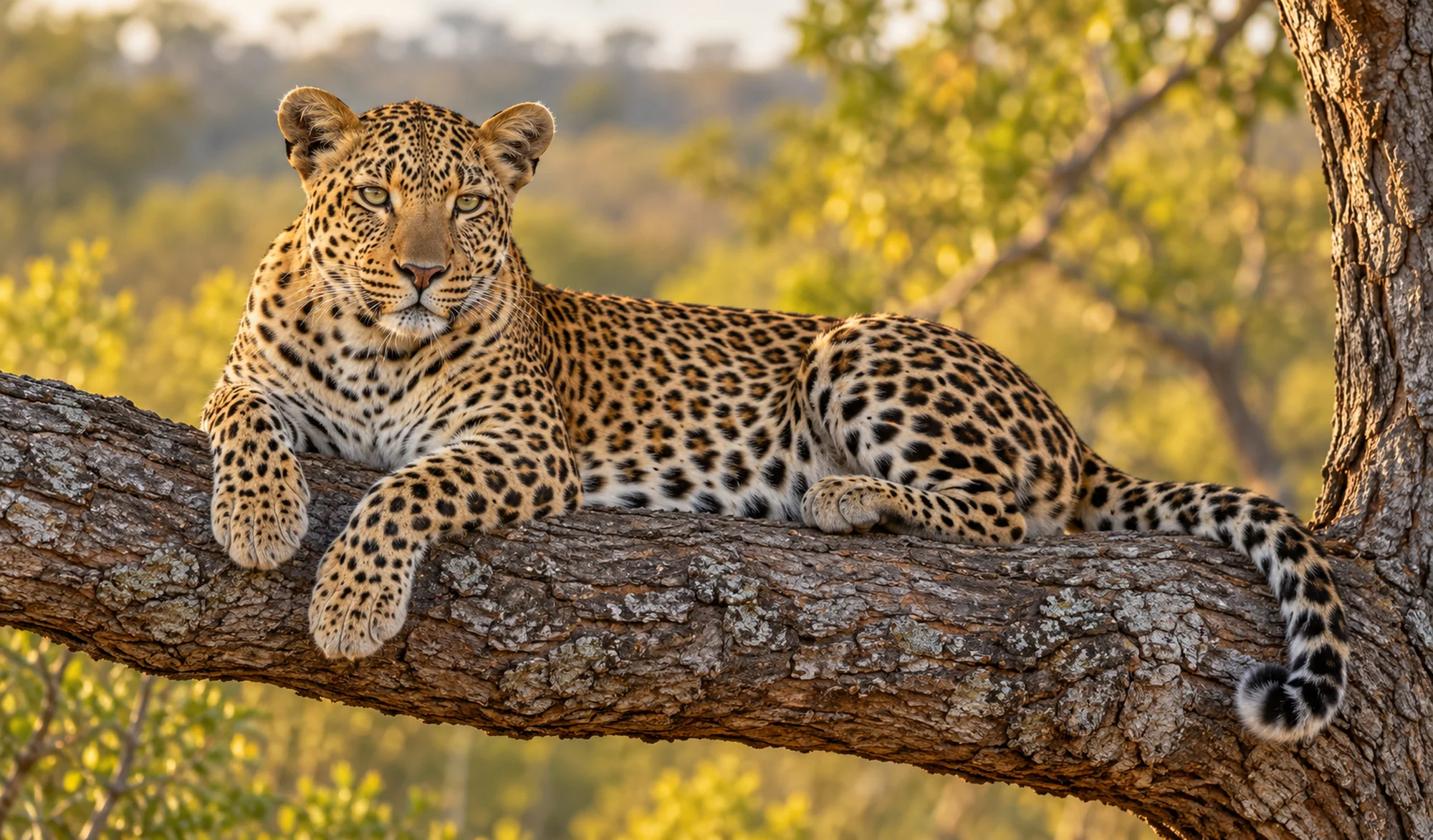 A leopard lying on a branch in golden light
