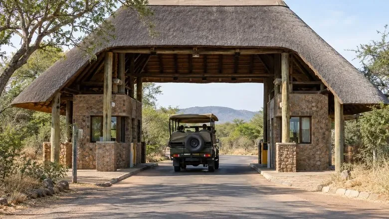 A safari vehicle driving through the thatched Orpen Gate into Kruger
