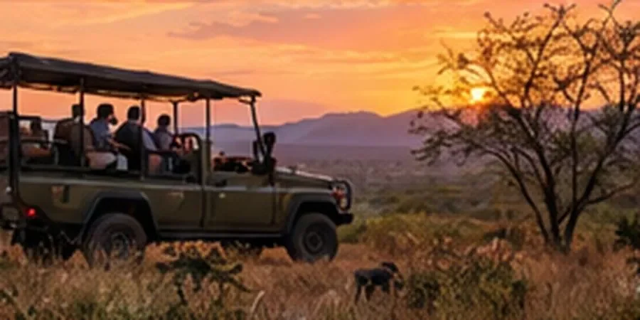 Game drive vehicle at sunset with the escarpment behind